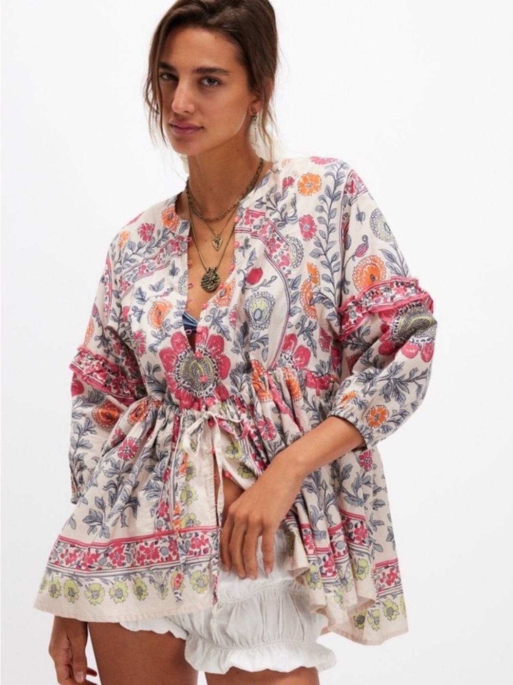 Free People Floral Pink and Orange Avery Tunic Top - Picture 7 of 8